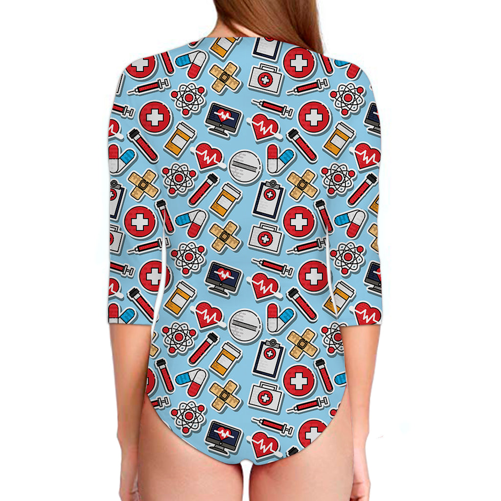 Colorful Medical Pattern Print Long Sleeve Swimsuit