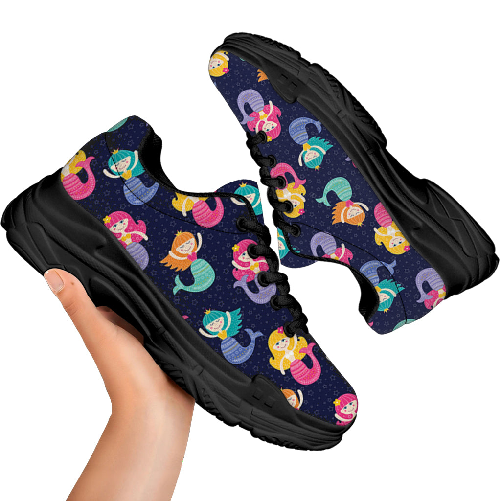 Colorful Mermaid Pattern Print Black Chunky Shoes