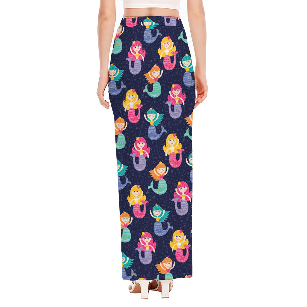 Colorful Mermaid Pattern Print High Slit Maxi Skirt