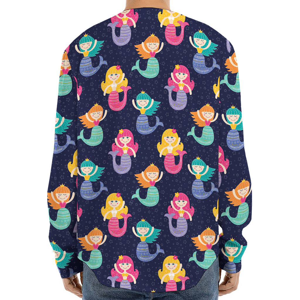 Colorful Mermaid Pattern Print Long Sleeve Baseball Jersey