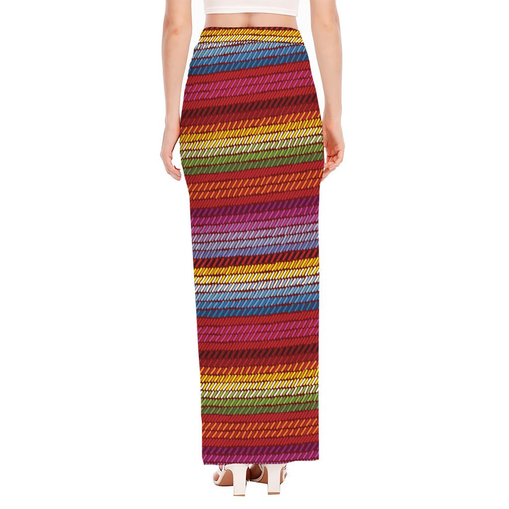 Colorful Mexican Woven Pattern Print High Slit Maxi Skirt