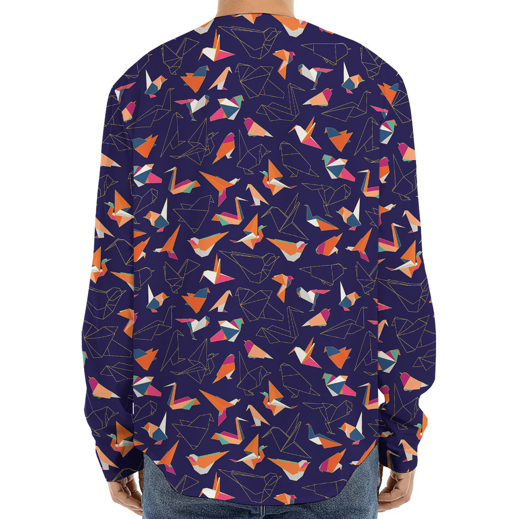 Colorful Origami Bird Pattern Print Long Sleeve Baseball Jersey