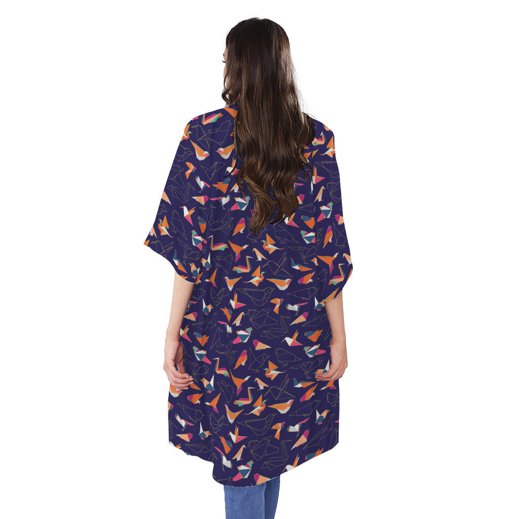 Colorful Origami Bird Pattern Print Open Front Beach Cover Up