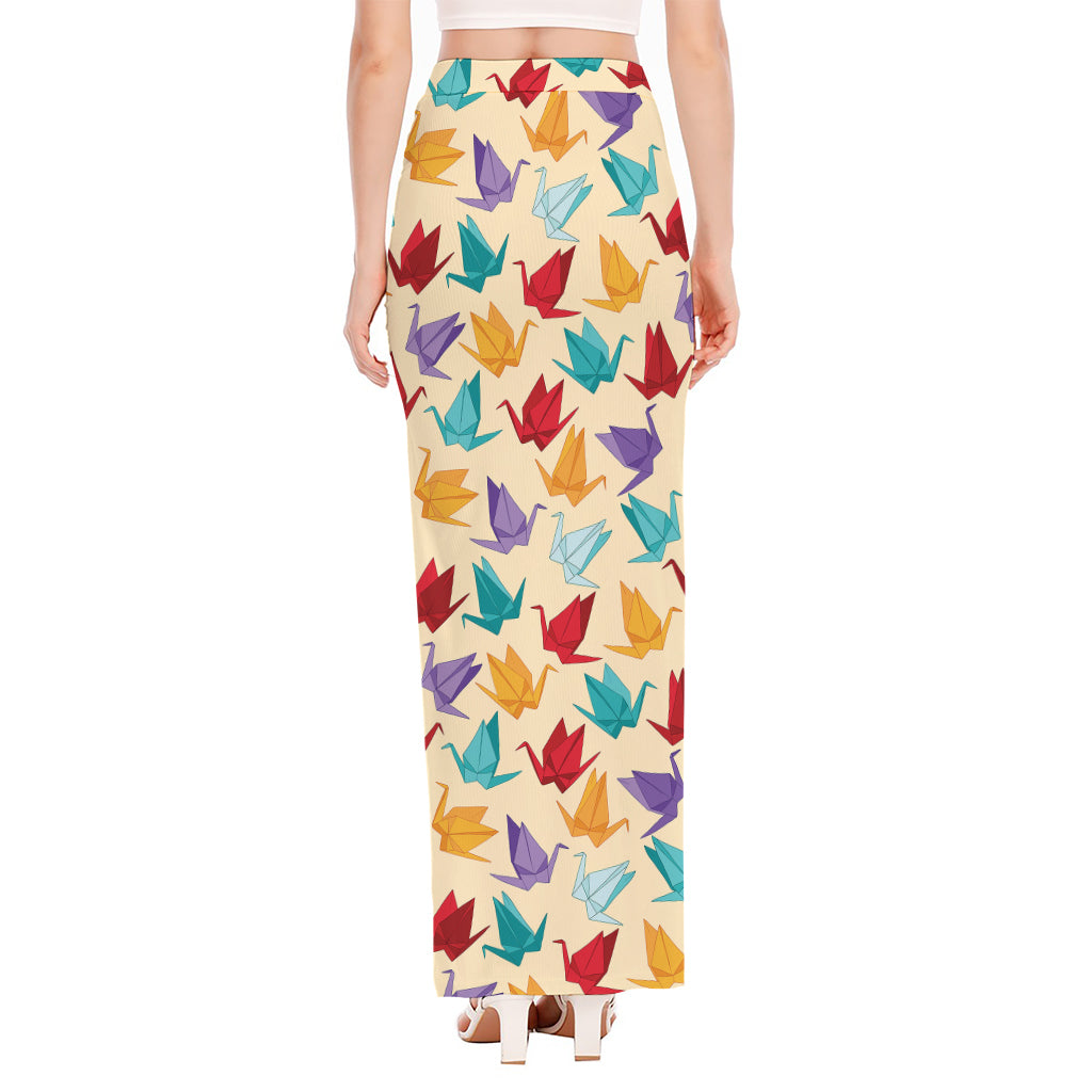 Colorful Origami Crane Pattern Print High Slit Maxi Skirt