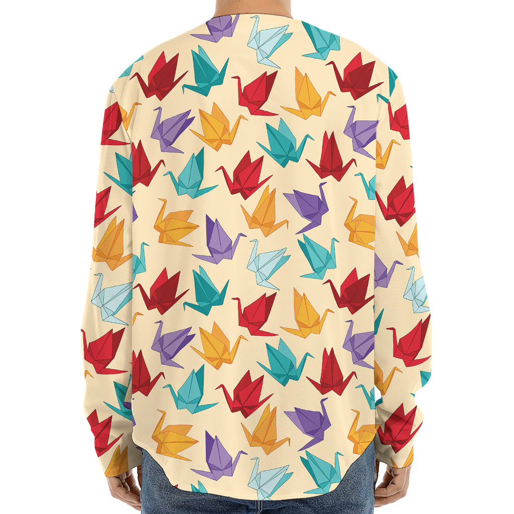 Colorful Origami Crane Pattern Print Long Sleeve Baseball Jersey