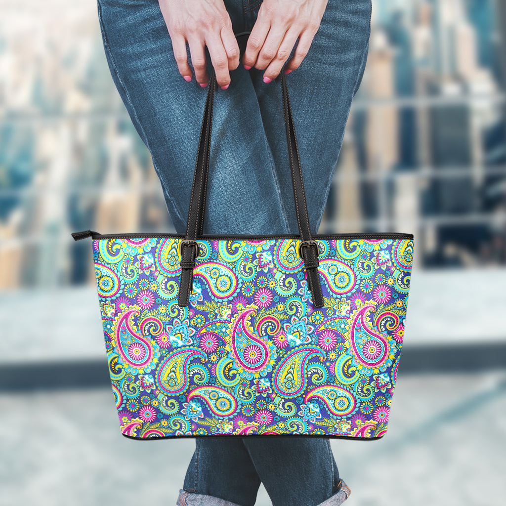 Colorful Paisley Pattern Print Leather Tote Bag