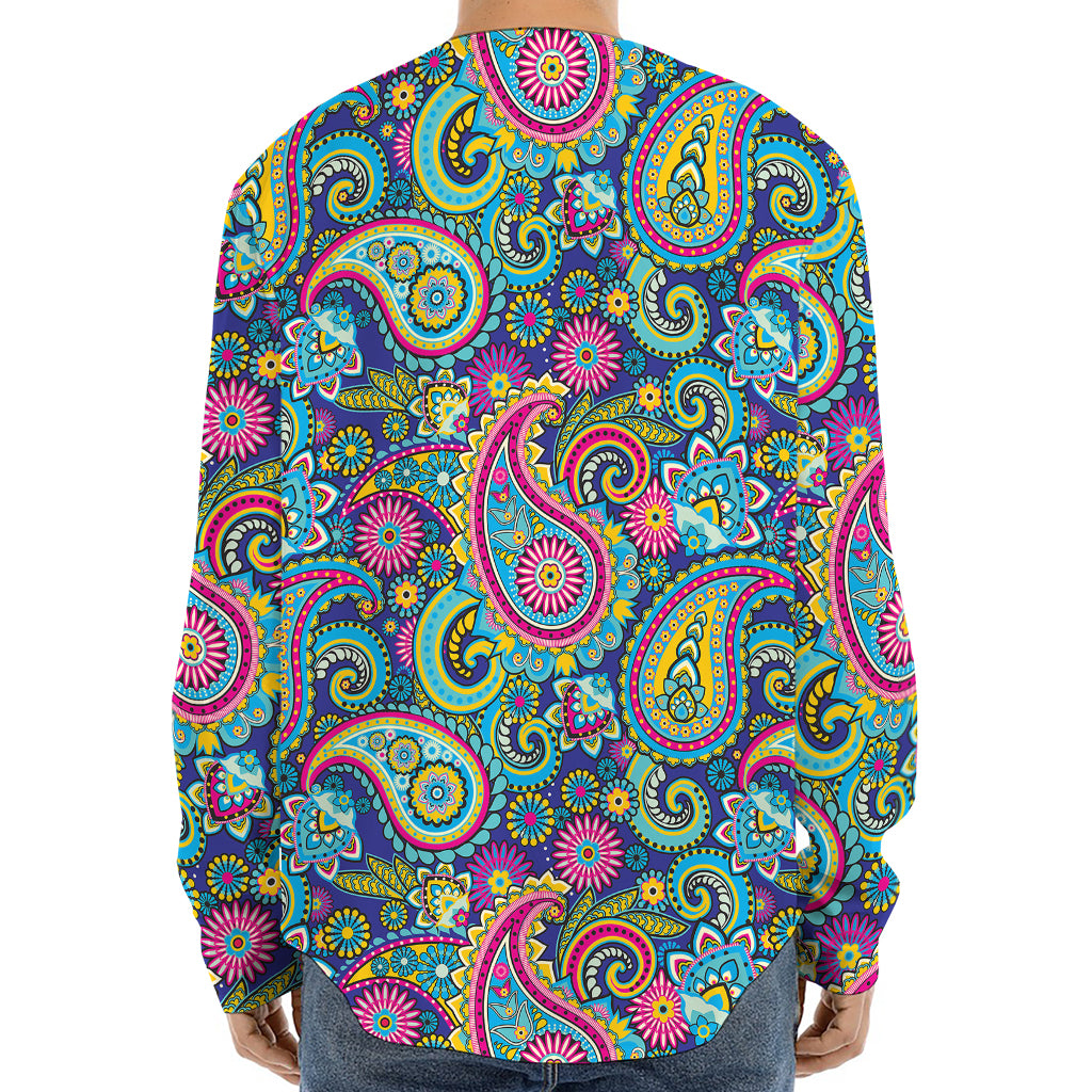 Colorful Paisley Pattern Print Long Sleeve Baseball Jersey