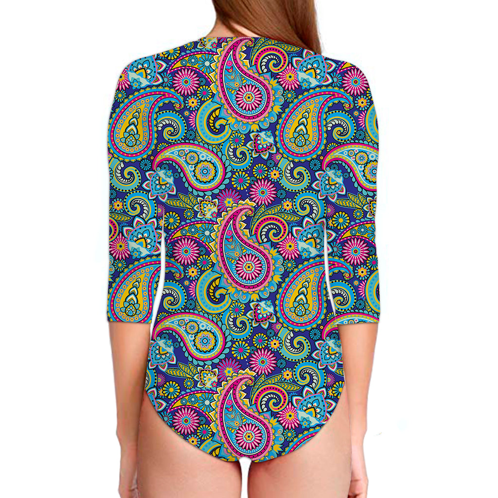 Colorful Paisley Pattern Print Long Sleeve Swimsuit