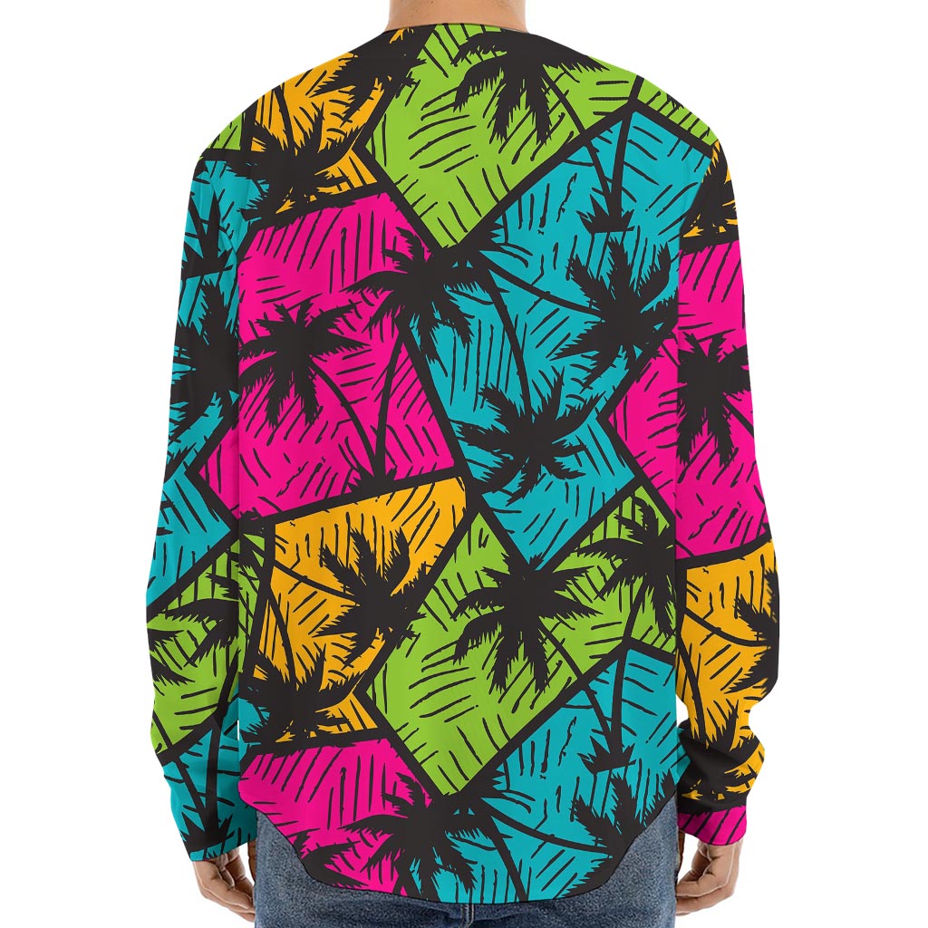 Colorful Palm Tree Pattern Print Long Sleeve Baseball Jersey