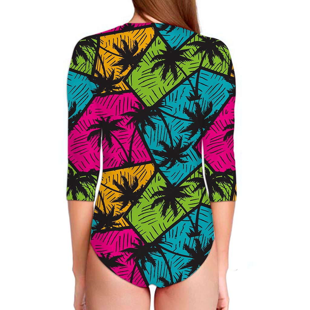 Colorful Palm Tree Pattern Print Long Sleeve Swimsuit