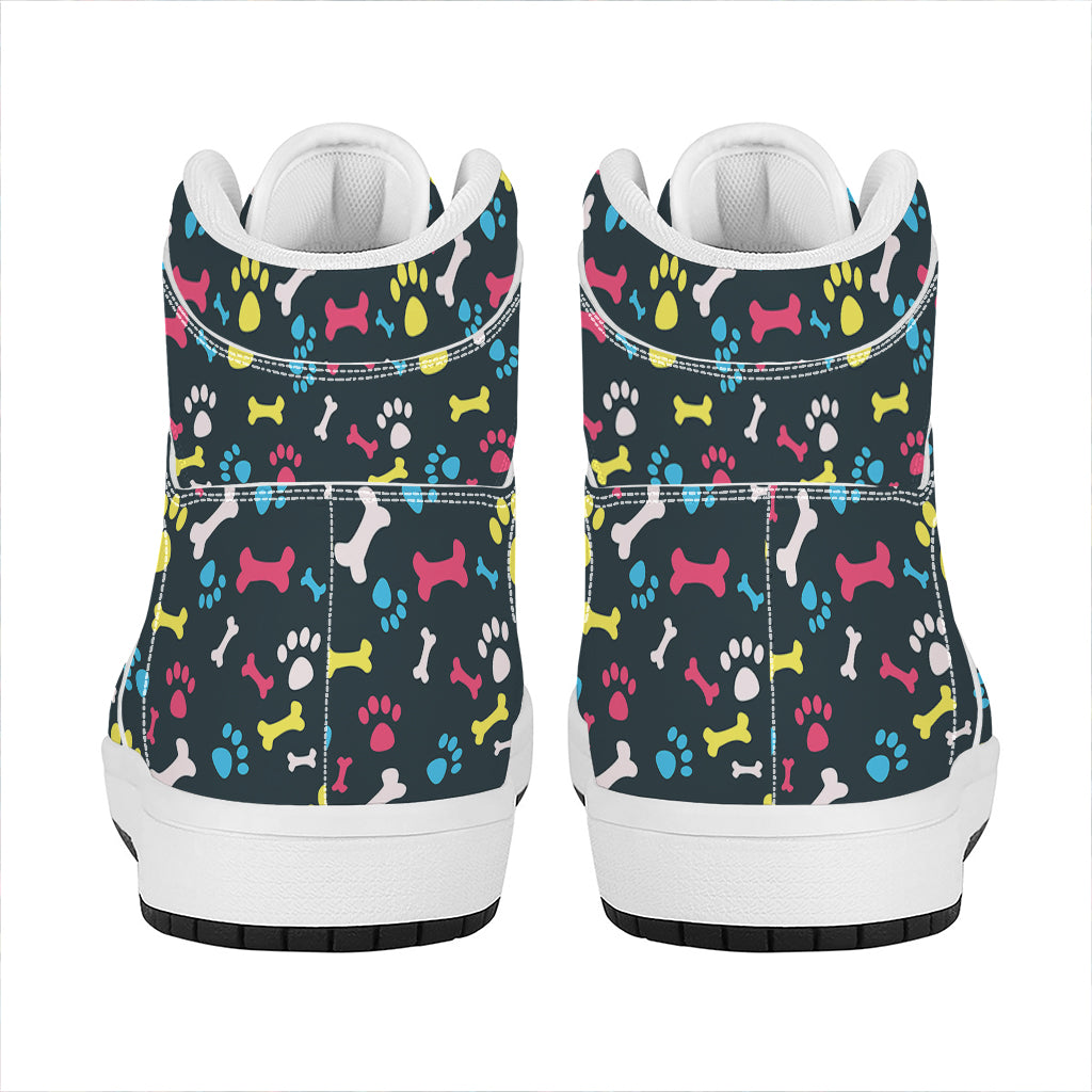 Colorful Paw And Bone Pattern Print High Top Leather Sneakers