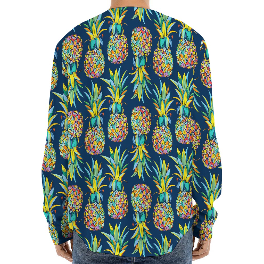 Colorful Pineapple Pattern Print Long Sleeve Baseball Jersey