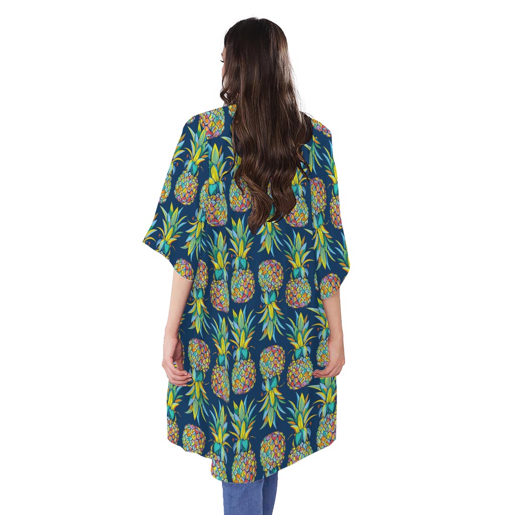 Colorful Pineapple Pattern Print Open Front Beach Cover Up