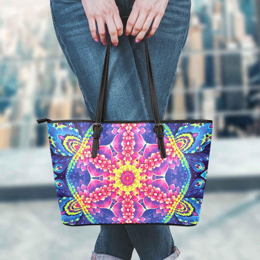 Colorful Psychedelic Kaleidoscope Print Leather Tote Bag