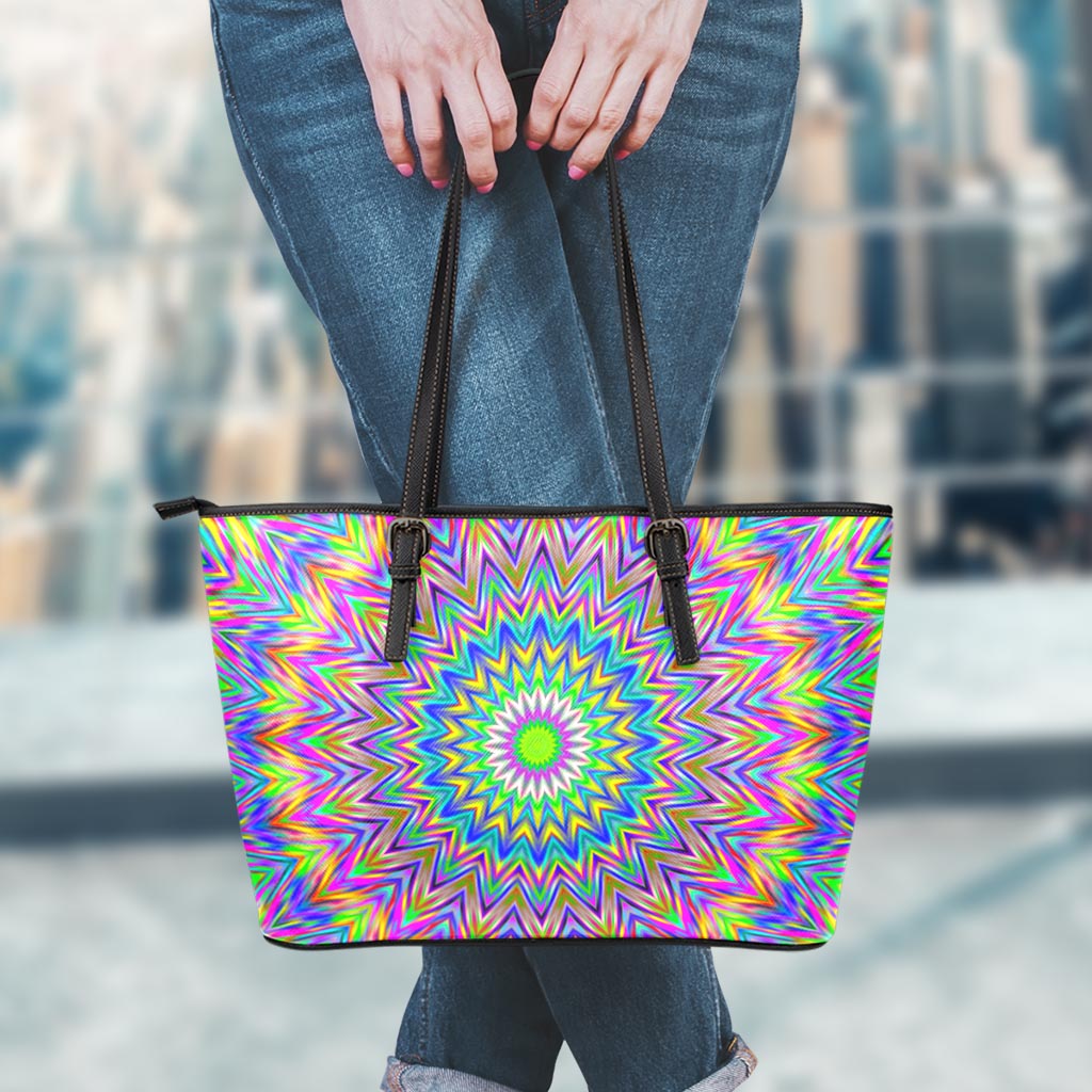 Colorful Psychedelic Optical Illusion Leather Tote Bag