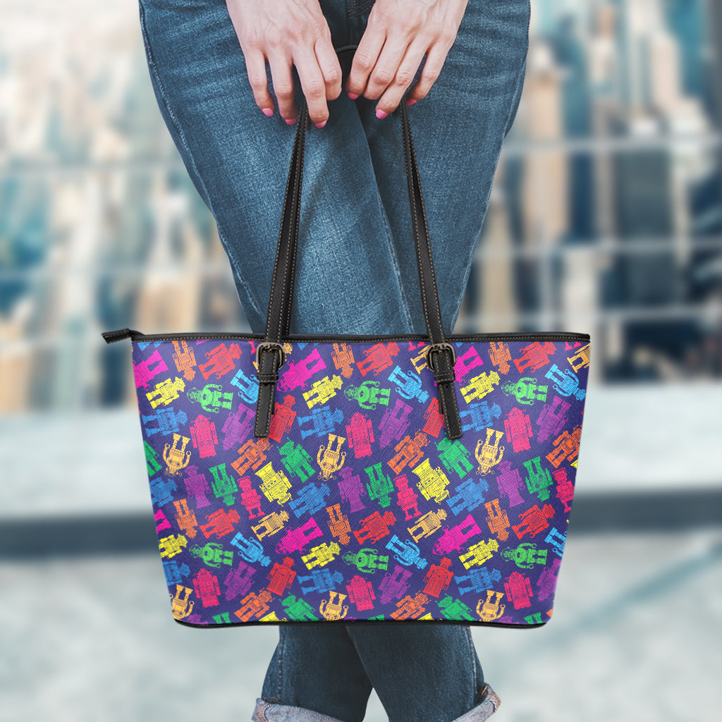 Colorful Robot Pattern Print Leather Tote Bag