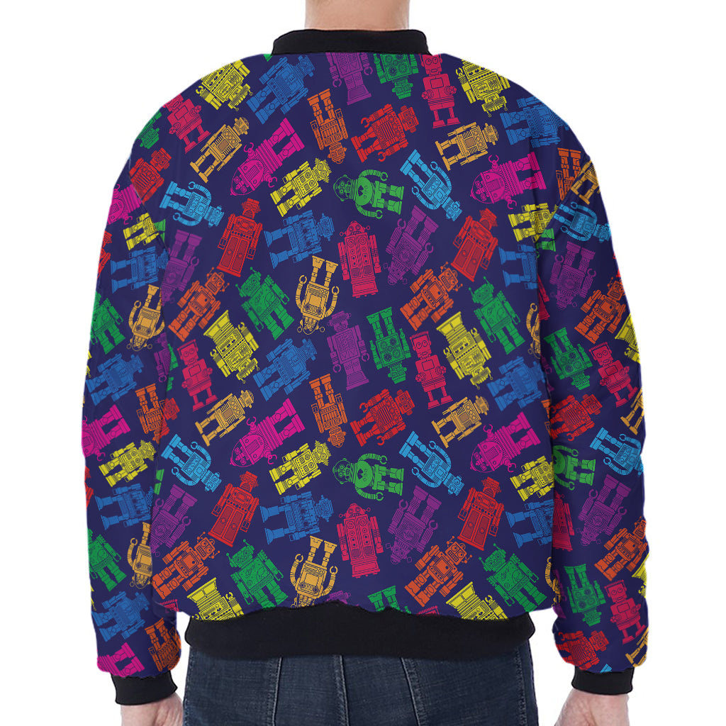 Colorful Robot Pattern Print Zip Sleeve Bomber Jacket