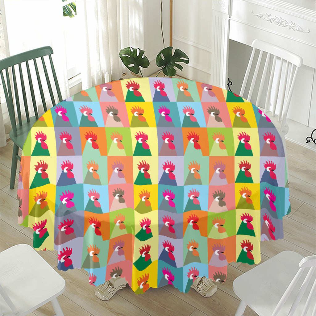 Colorful Rooster Pattern Print Waterproof Round Tablecloth