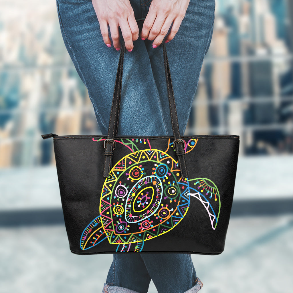 Colorful Sea Turtle Print Leather Tote Bag