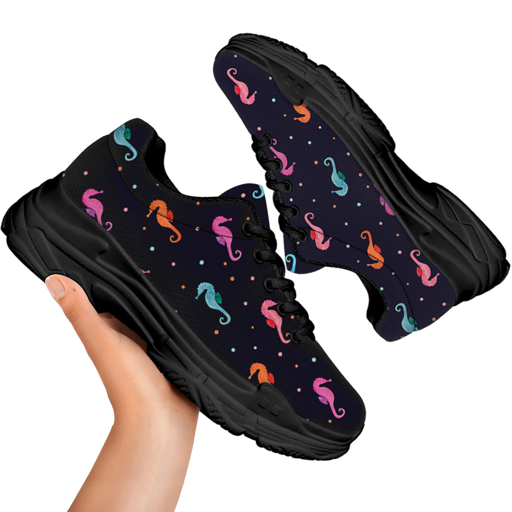Colorful Seahorse Pattern Print Black Chunky Shoes