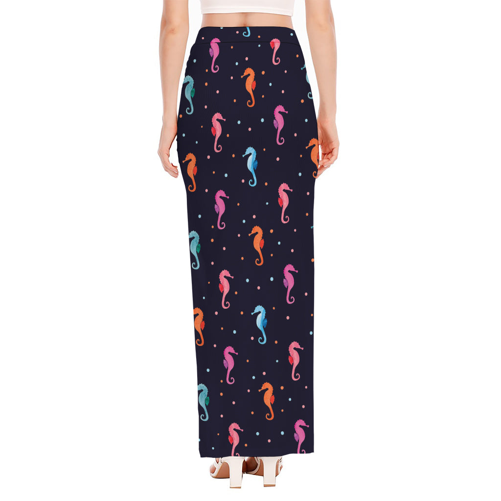 Colorful Seahorse Pattern Print High Slit Maxi Skirt