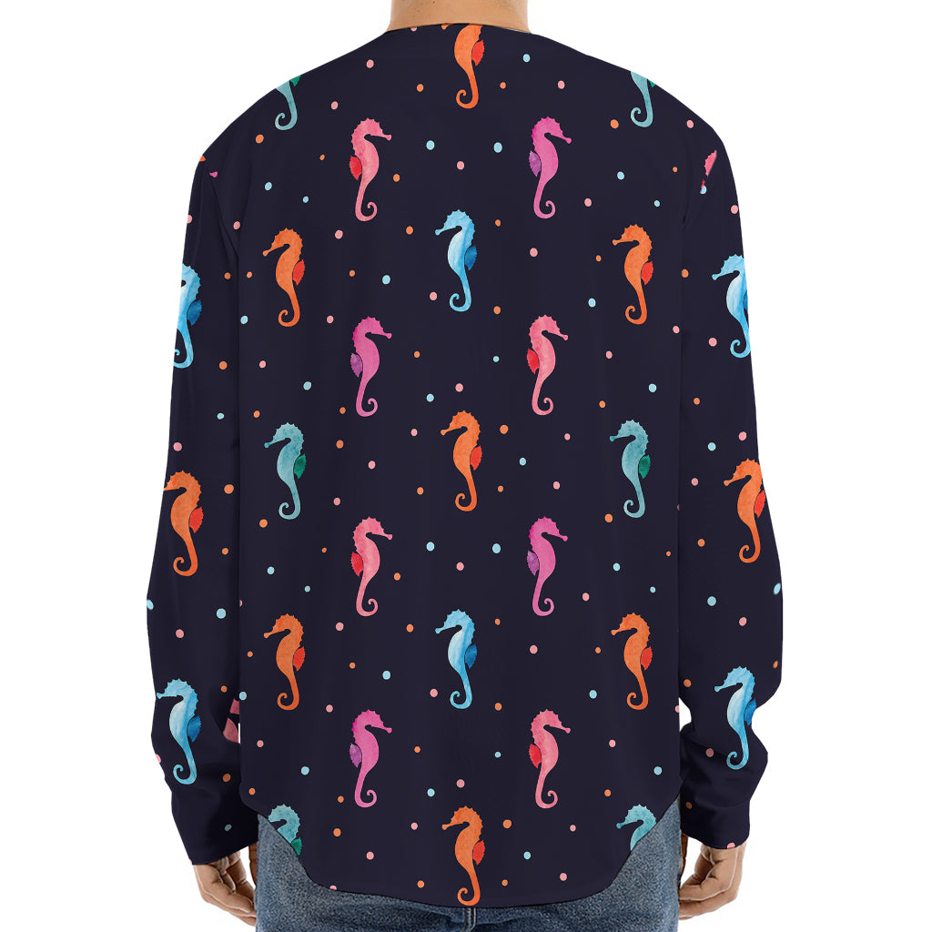 Colorful Seahorse Pattern Print Long Sleeve Baseball Jersey
