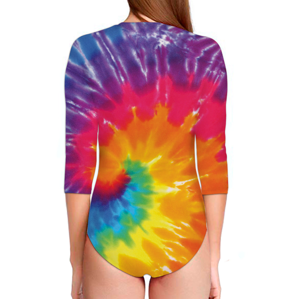 Colorful Spiral Tie Dye Print Long Sleeve Swimsuit
