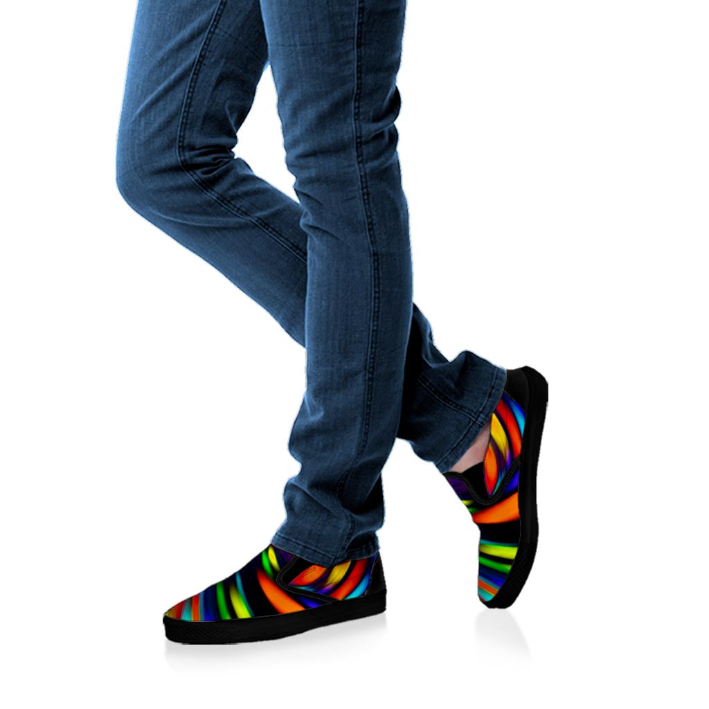 Colorful Spiral Trippy Print Black Slip On Sneakers