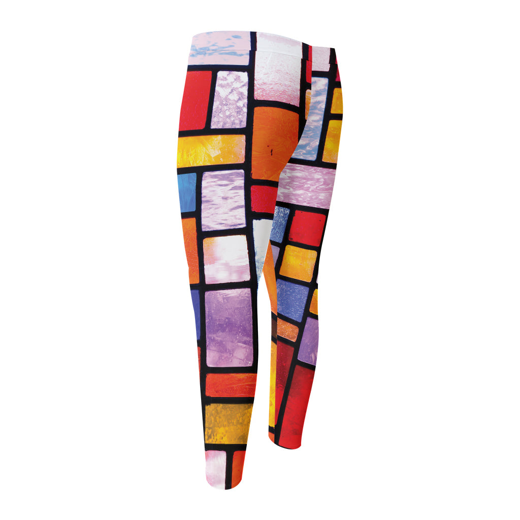 Colorful Stained Glass Mosaic Print Men's Compression Pants