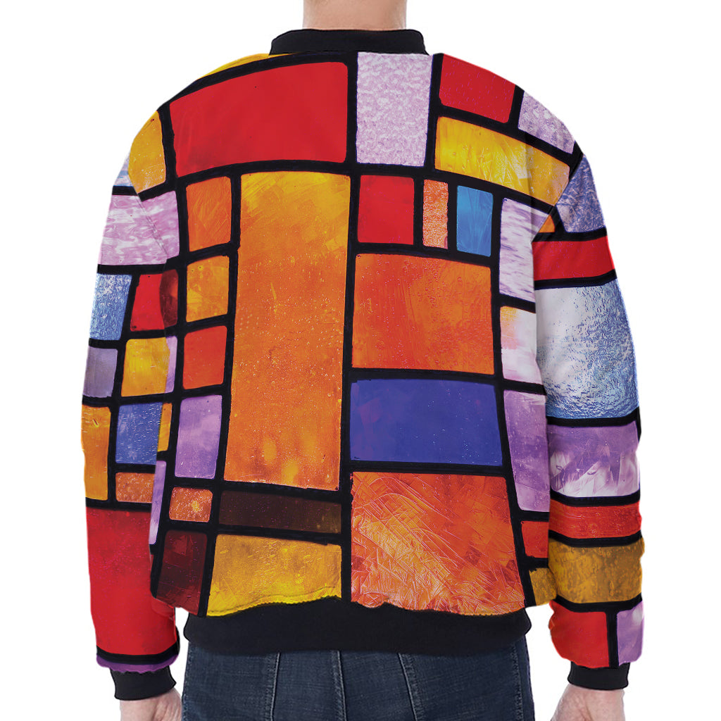 Colorful Stained Glass Mosaic Print Zip Sleeve Bomber Jacket