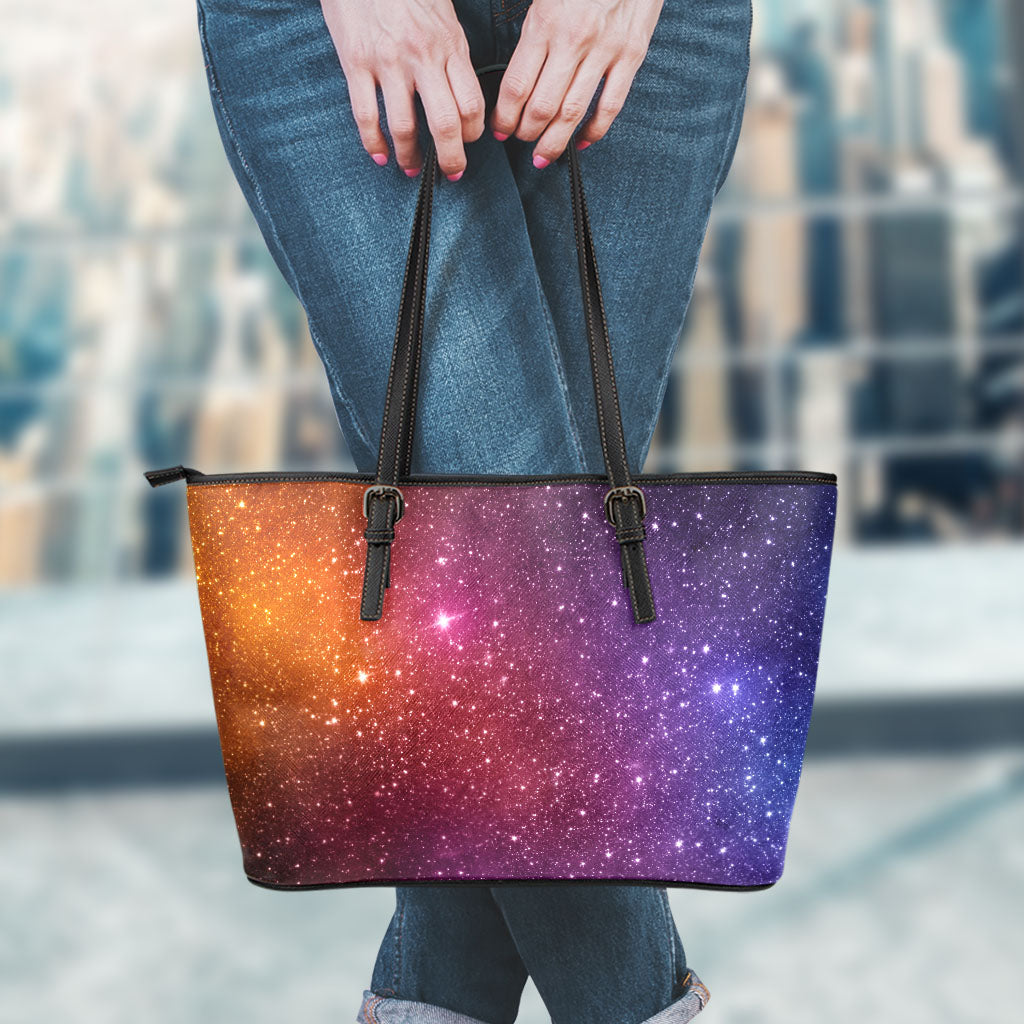 Colorful Stardust Galaxy Space Print Leather Tote Bag