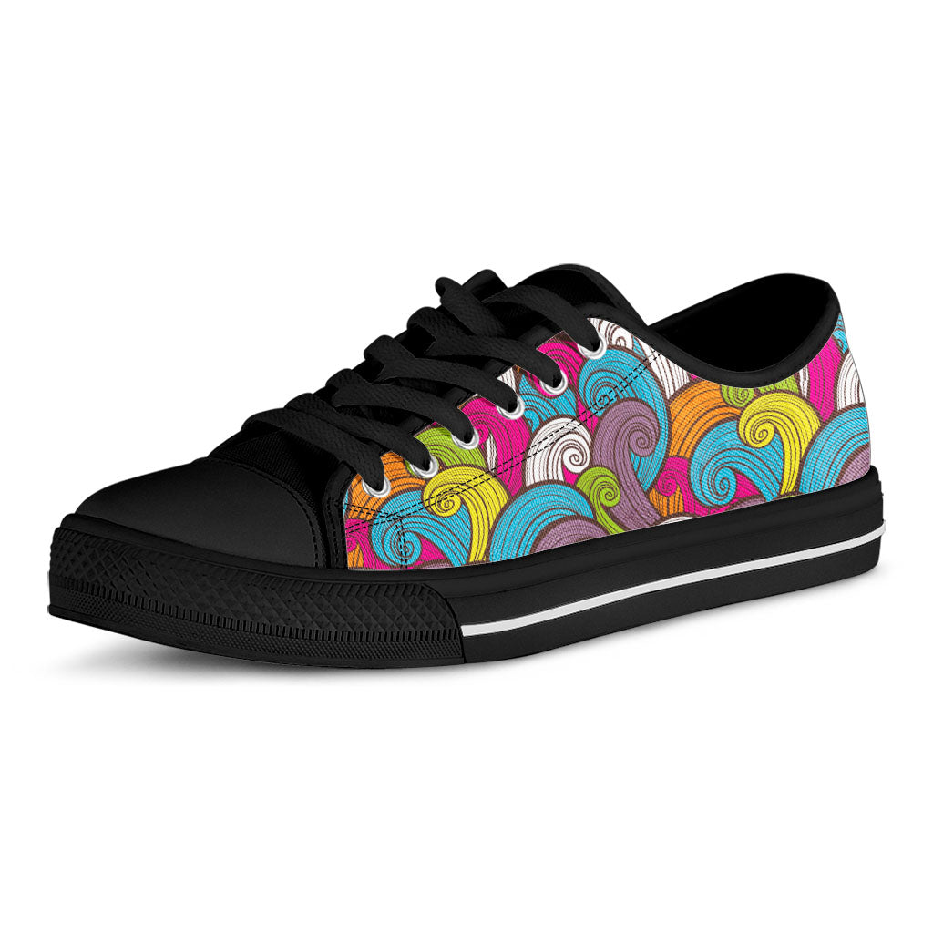 Colorful Surfing Wave Pattern Print Black Low Top Sneakers