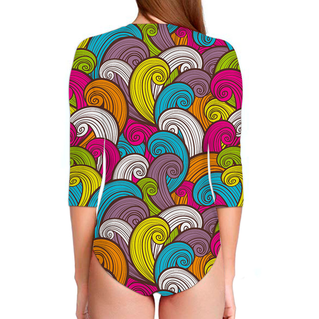 Colorful Surfing Wave Pattern Print Long Sleeve Swimsuit