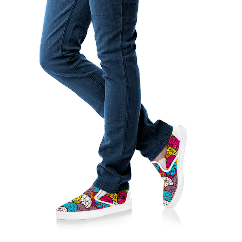 Colorful Surfing Wave Pattern Print White Slip On Sneakers