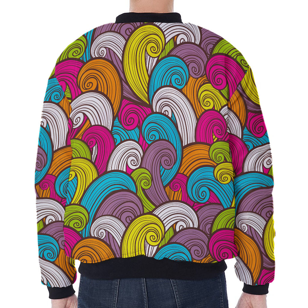 Colorful Surfing Wave Pattern Print Zip Sleeve Bomber Jacket