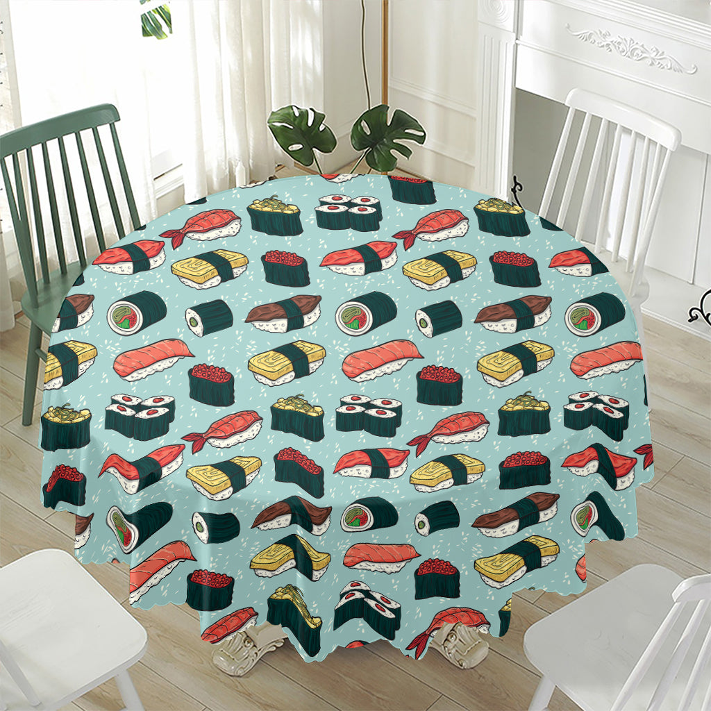 Colorful Sushi And Rolls Pattern Print Waterproof Round Tablecloth