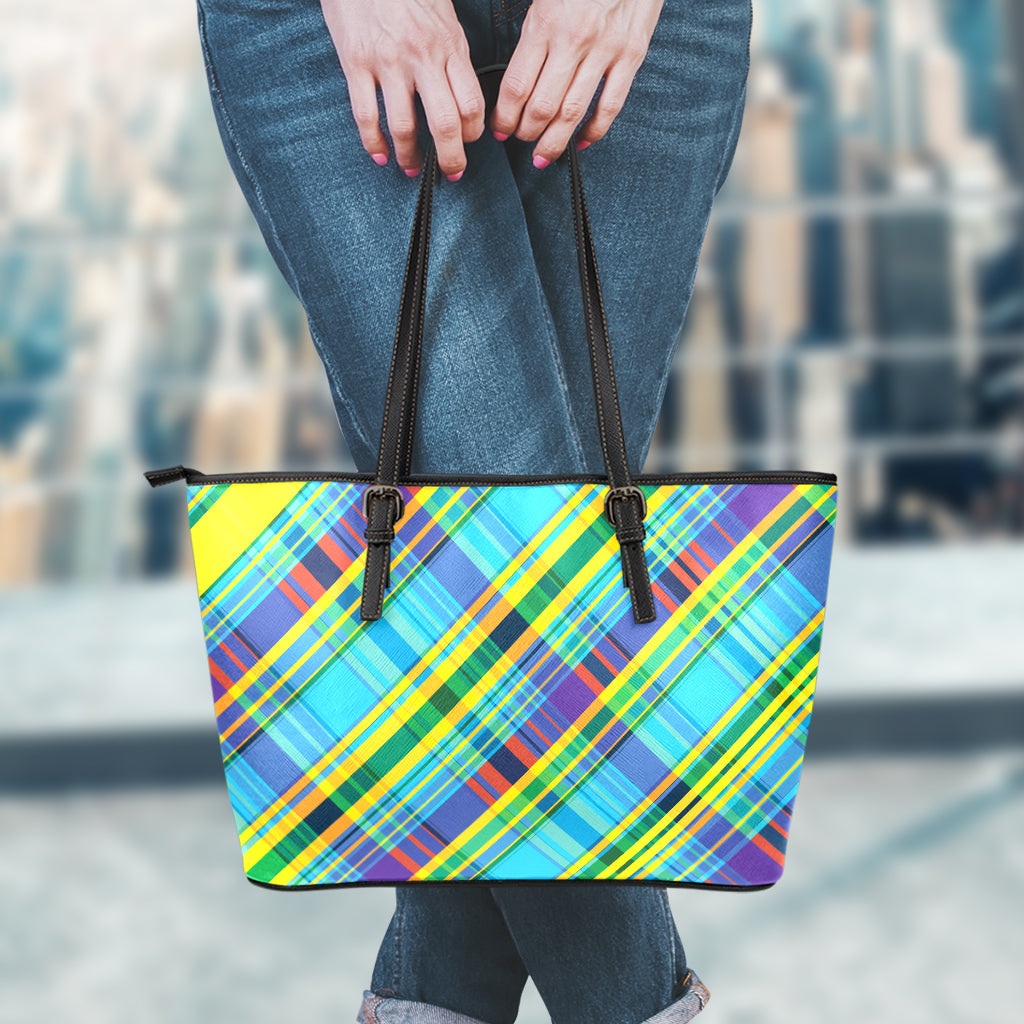 Colorful Tartan Pattern Print Leather Tote Bag