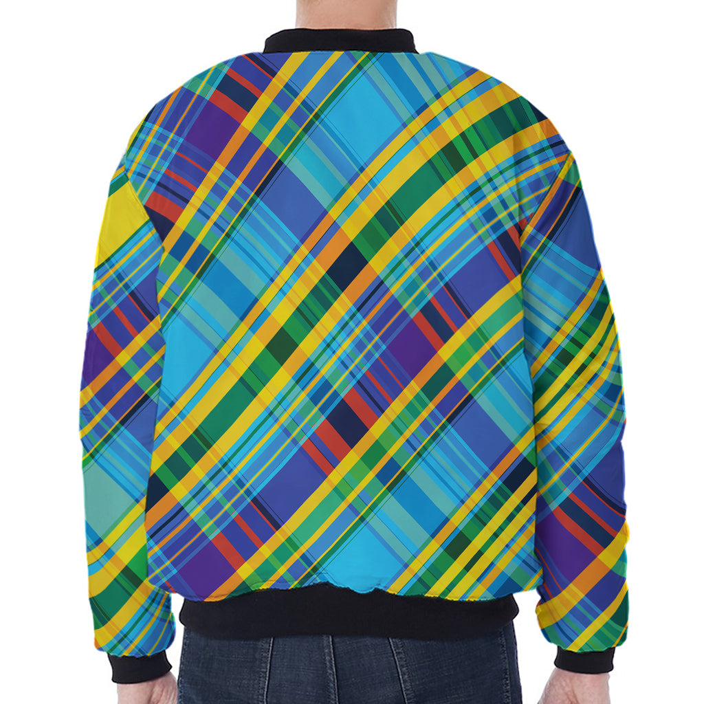 Colorful Tartan Pattern Print Zip Sleeve Bomber Jacket