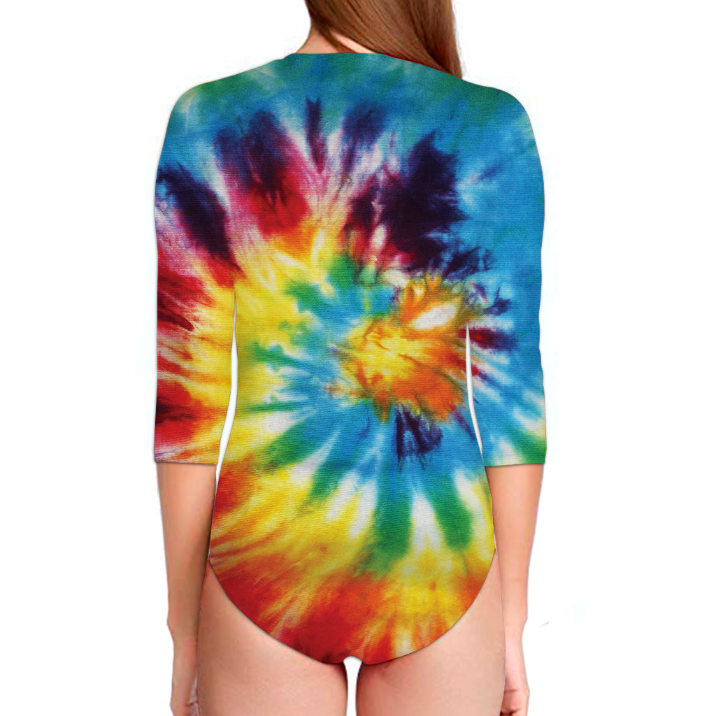 Colorful Tie Dye Print Long Sleeve Swimsuit