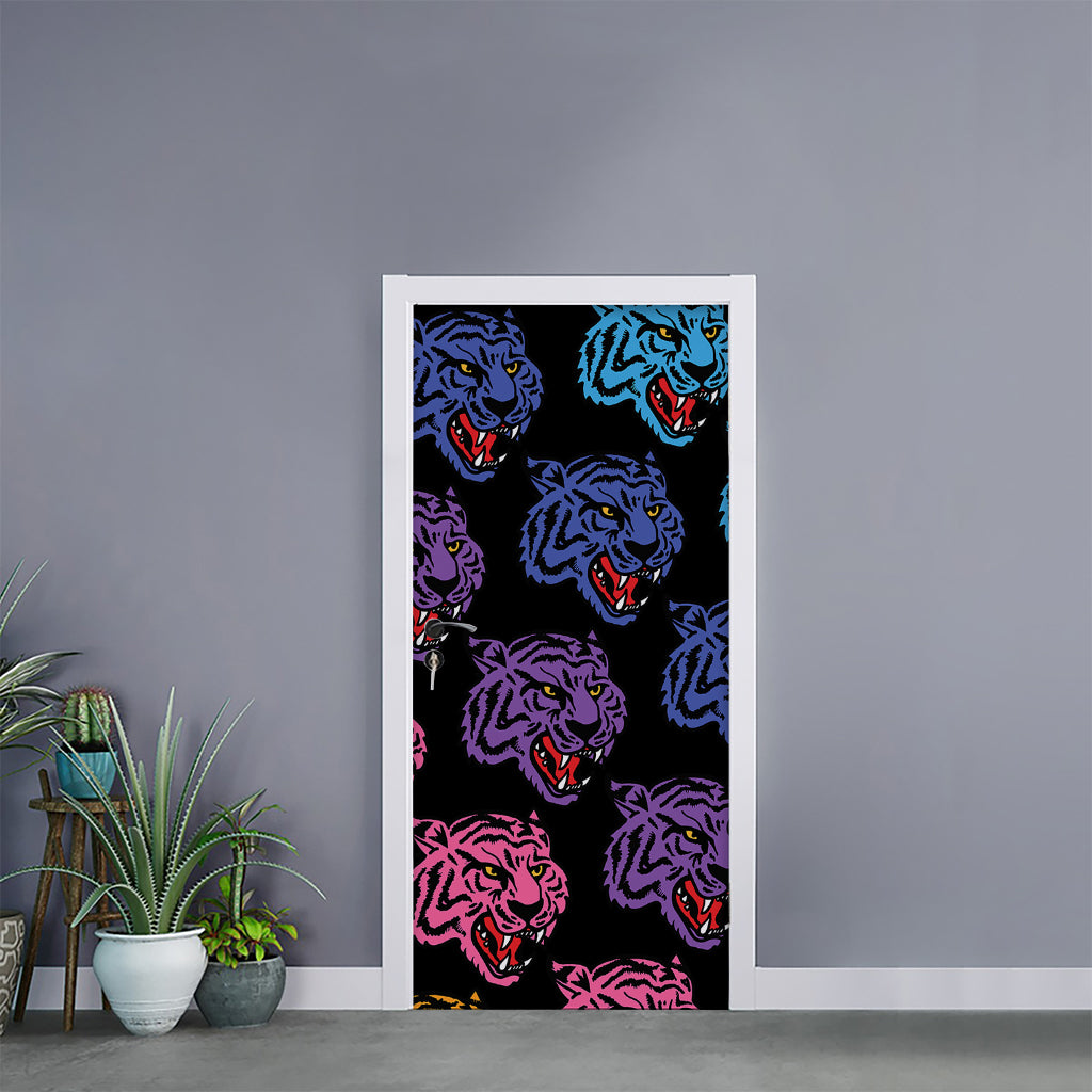 Colorful Tiger Head Pattern Print Door Sticker