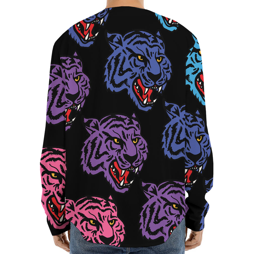 Colorful Tiger Head Pattern Print Long Sleeve Baseball Jersey
