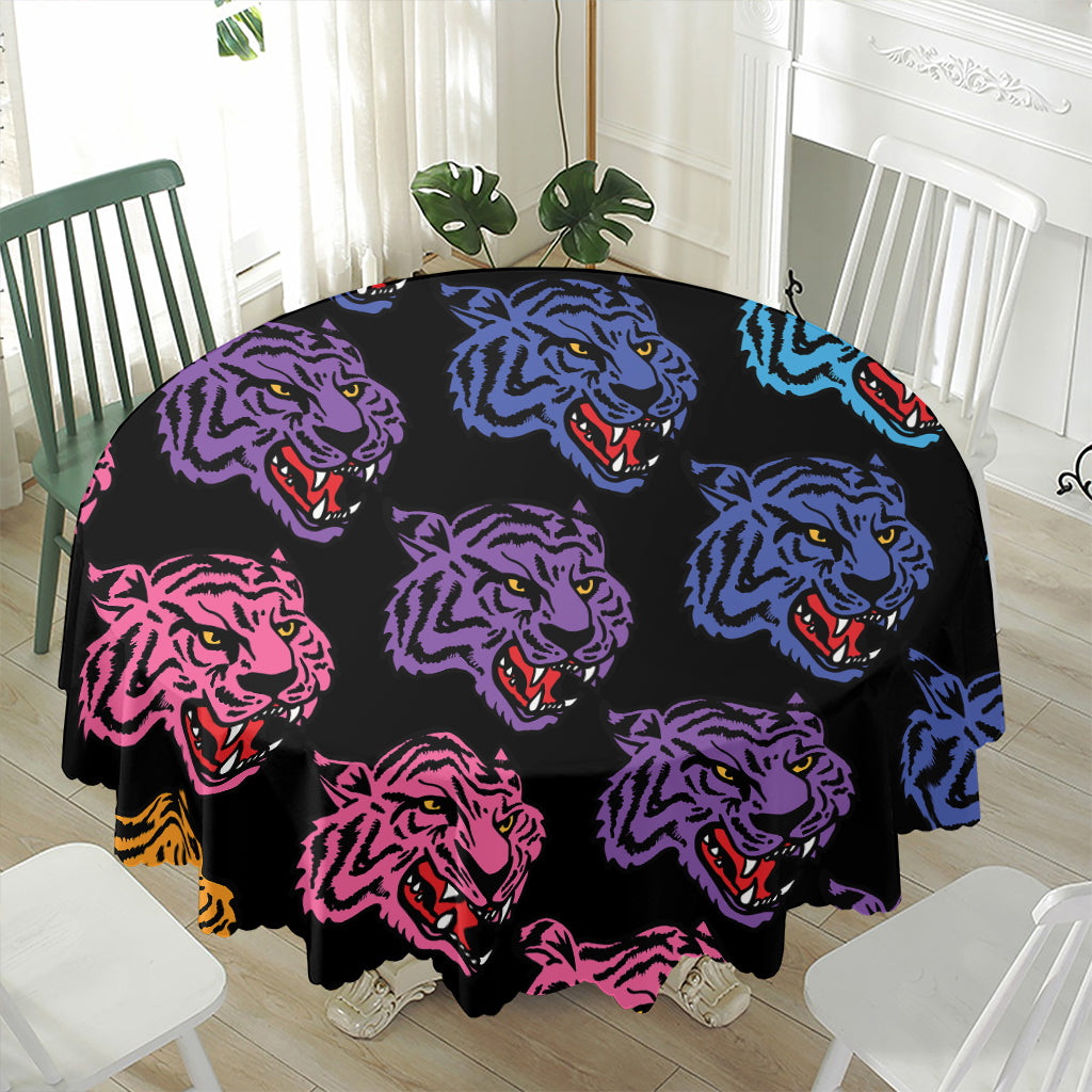Colorful Tiger Head Pattern Print Waterproof Round Tablecloth