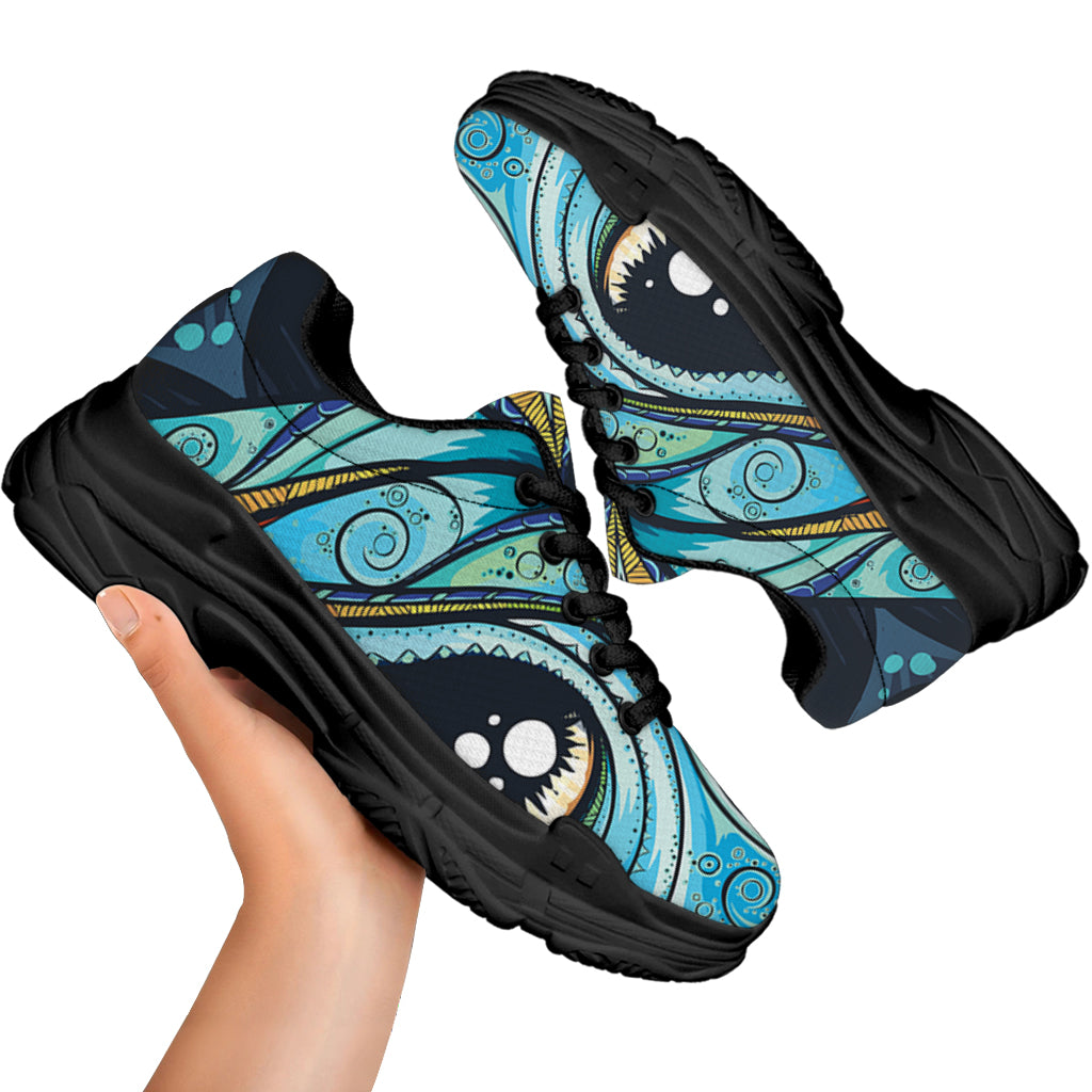 Colorful Tribal Owl Print Black Chunky Shoes
