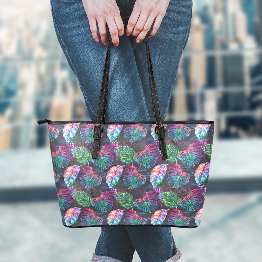 Colorful Tropical Leaves Pattern Print Leather Tote Bag