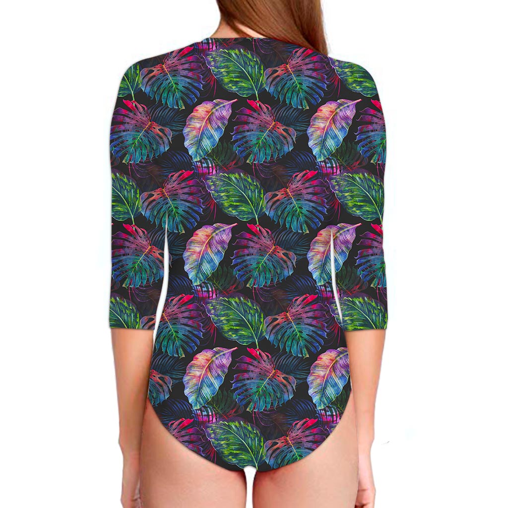 Colorful Tropical Leaves Pattern Print Long Sleeve Swimsuit