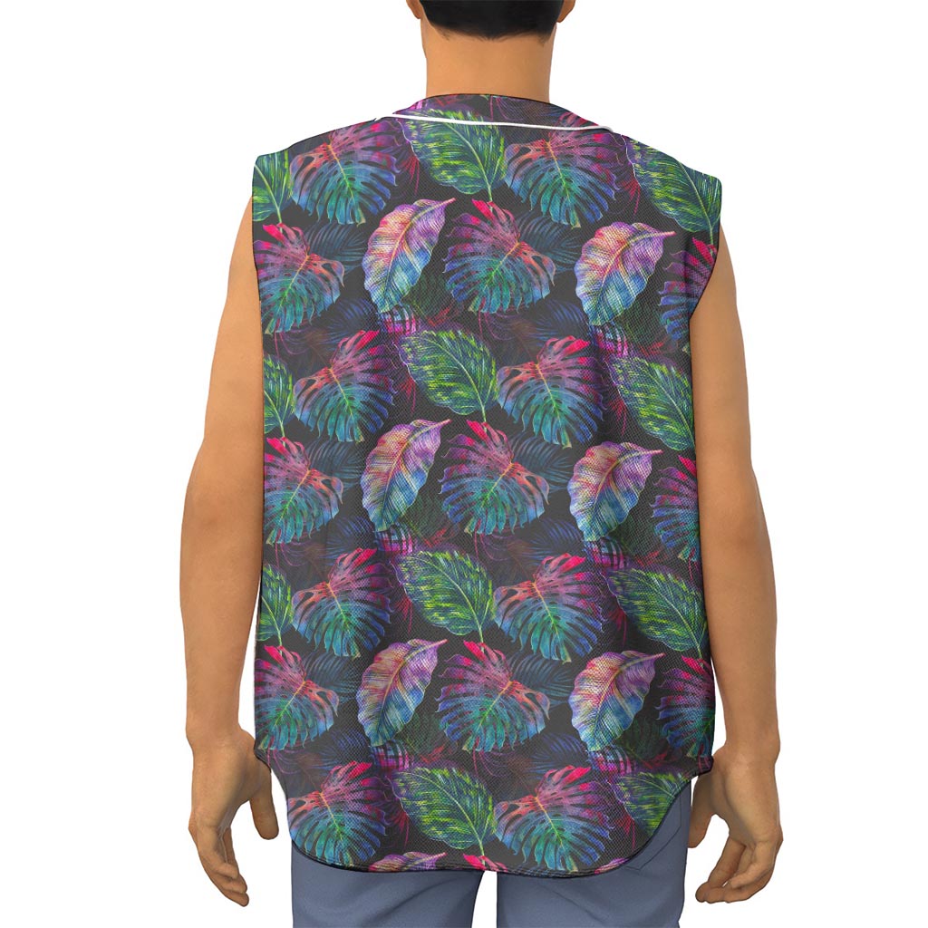 Colorful Tropical Leaves Pattern Print Sleeveless Baseball Jersey