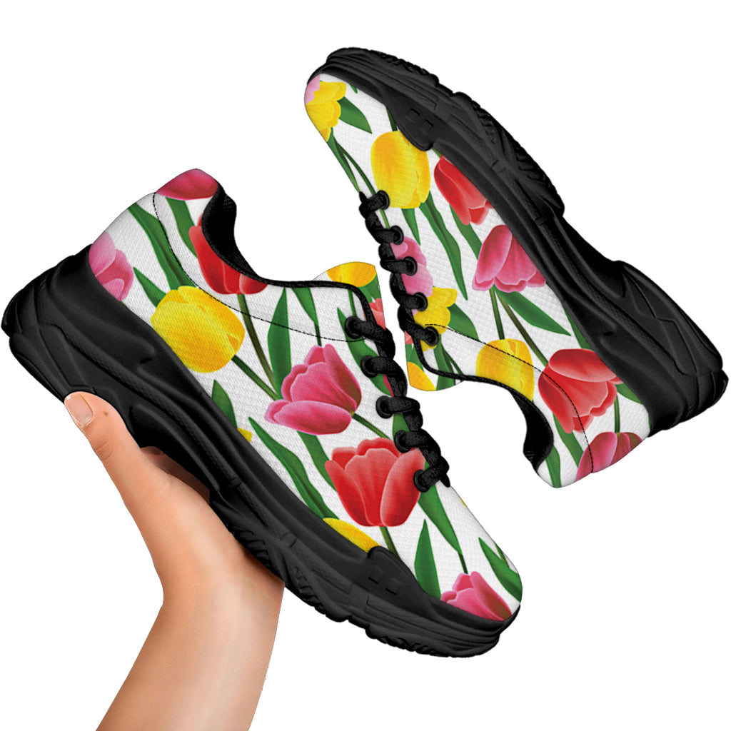 Colorful Tulip Pattern Print Black Chunky Shoes