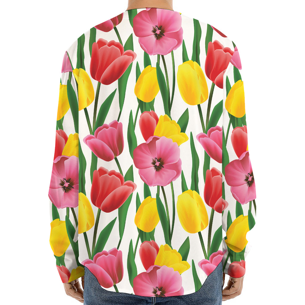 Colorful Tulip Pattern Print Long Sleeve Baseball Jersey