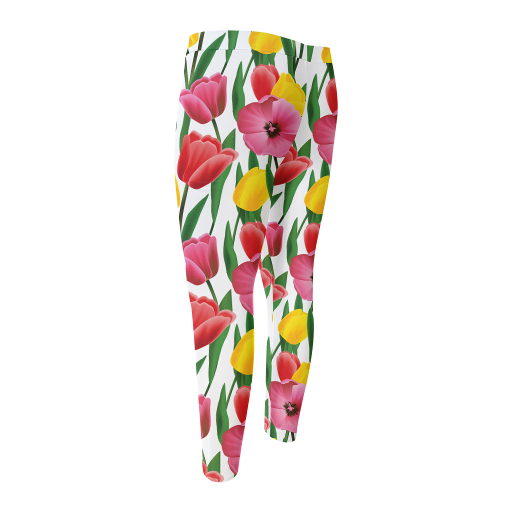 Colorful Tulip Pattern Print Men's Compression Pants
