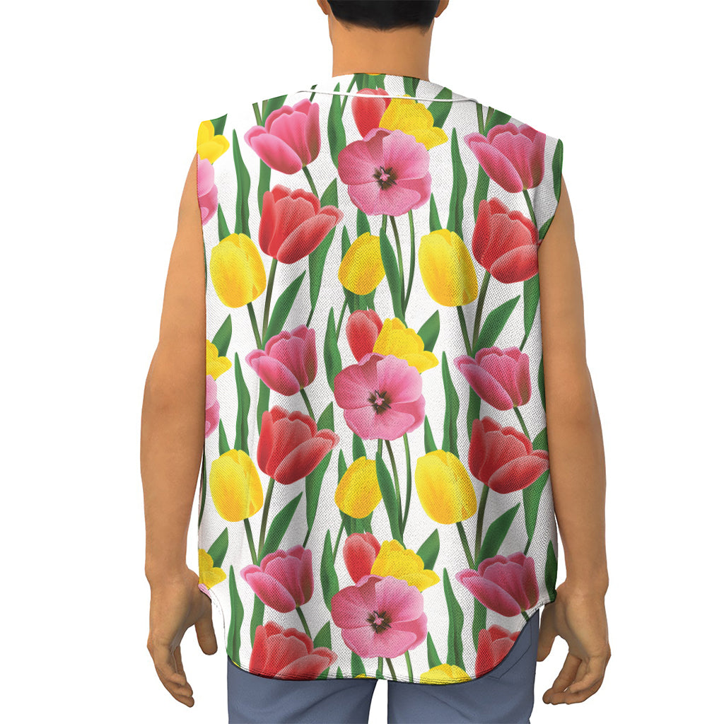 Colorful Tulip Pattern Print Sleeveless Baseball Jersey